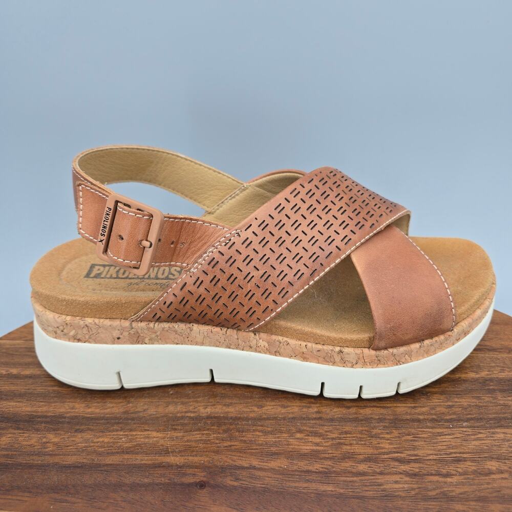 Pikolinos Sandals Womens 6.5 37 Brown Cutout Leather Cross Strap Buckle Platform